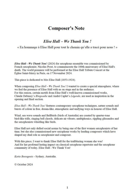 Elise Hall - We Thank You! for Sax ensemble by Katia Beaugeais PROGRAM NOTE